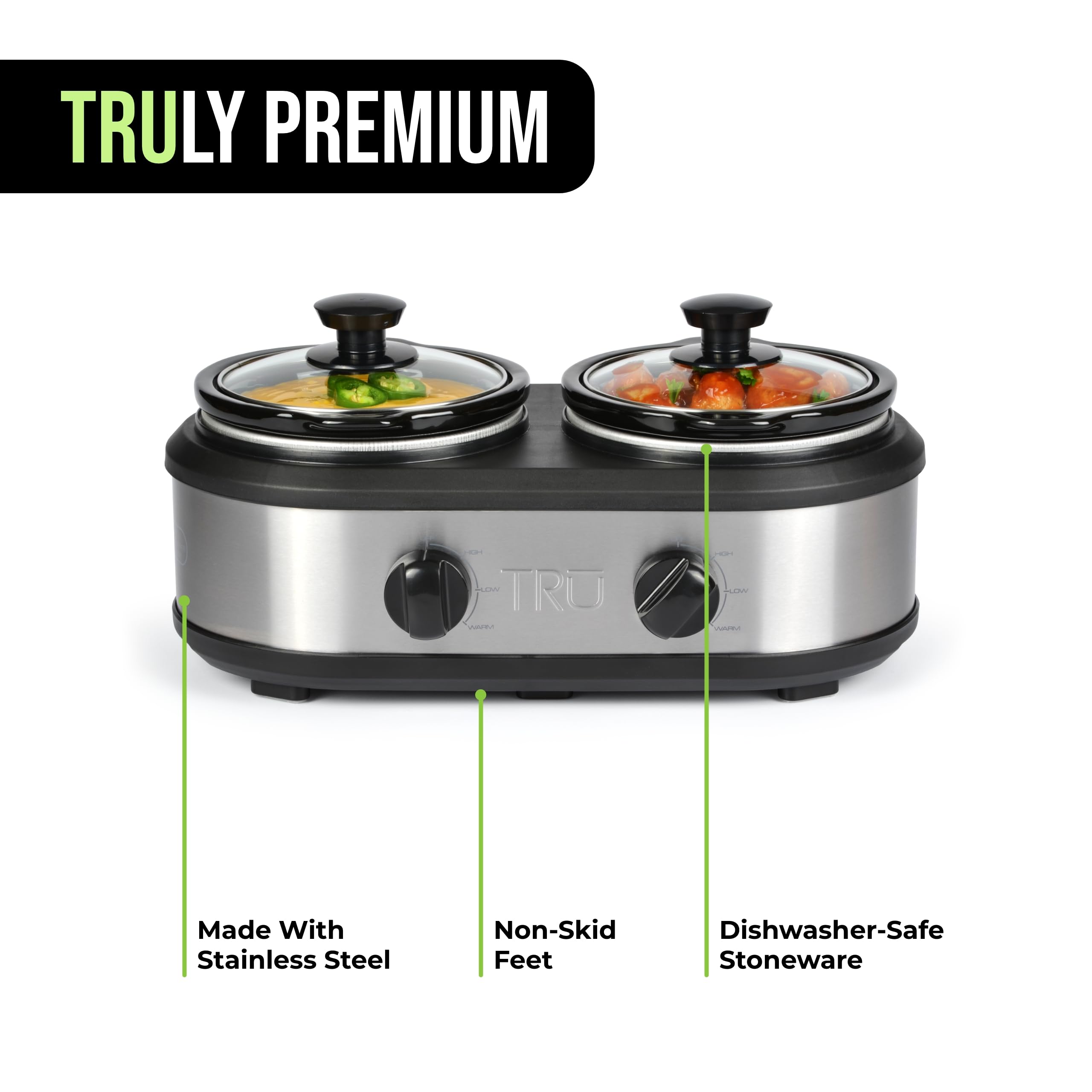 TRU Double Slow Cooker by Select Brands - Double Buffet Server for Parties, Holidays & Gatherings - Slow Cooker Buffet Server - 2 Inserts, Each 1 1/4 Quarts