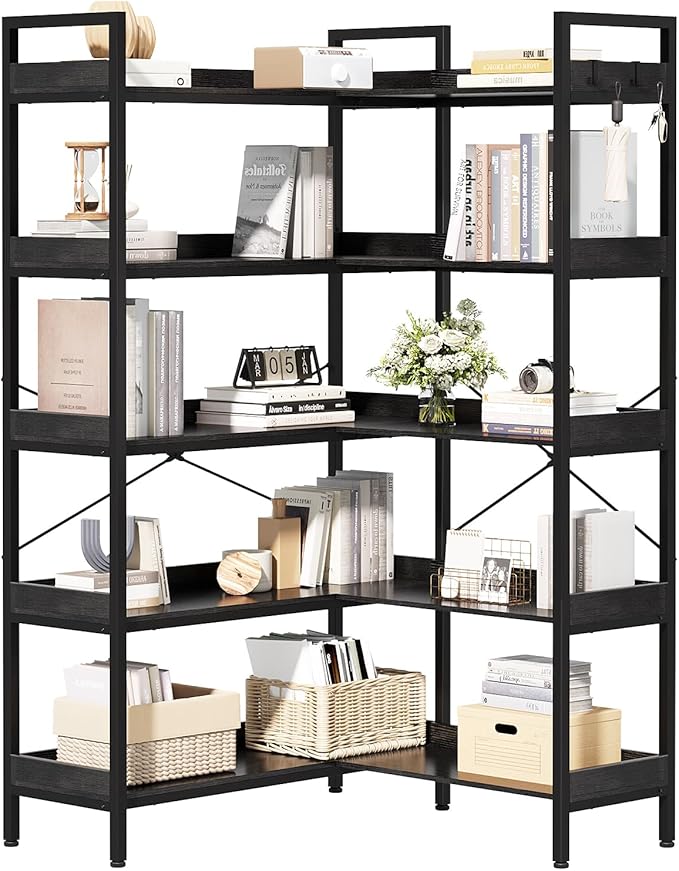 5-Tier Bookshelf Reversible,Corner Bookcase 4 Hooks