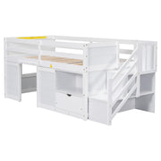 Twin Size Low Loft Bed with Playhouse, Loft Bed Frame with Drawer