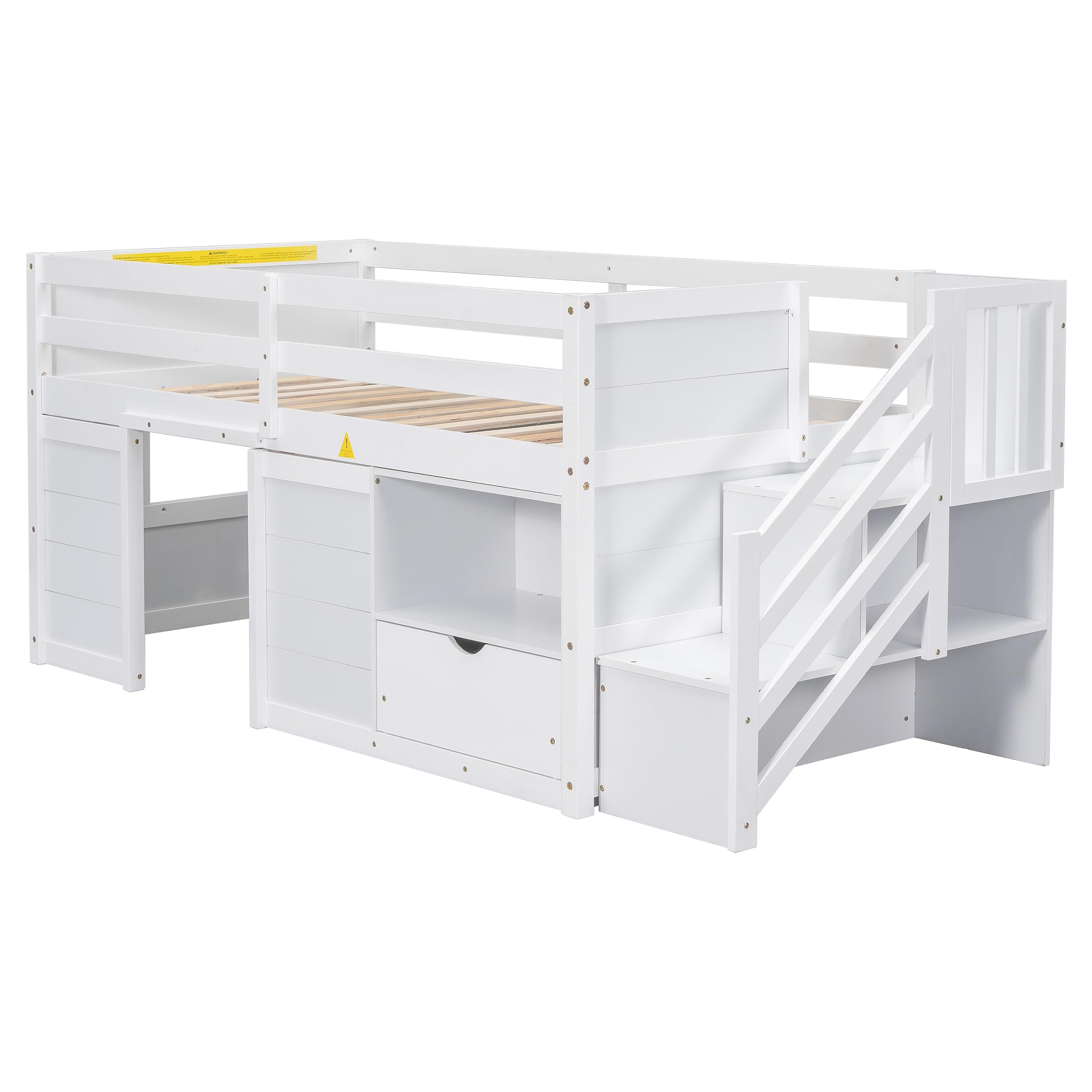 Twin Size Low Loft Bed with Playhouse, Loft Bed Frame with Drawer