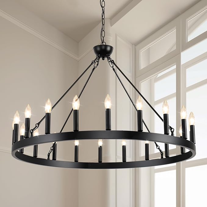 Wagon Wheel Chandelier 32" 12-Light, Round Black Chandeliers Farmhouse Modern
