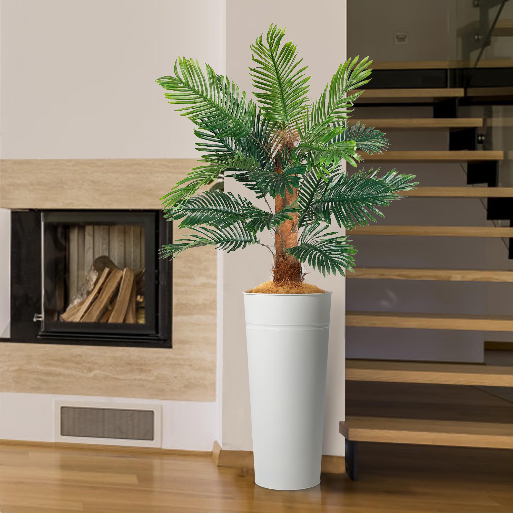 28" Tall White Planter with Faux Palm Tree – Galvanized Steel Pot with Tropical PEVA