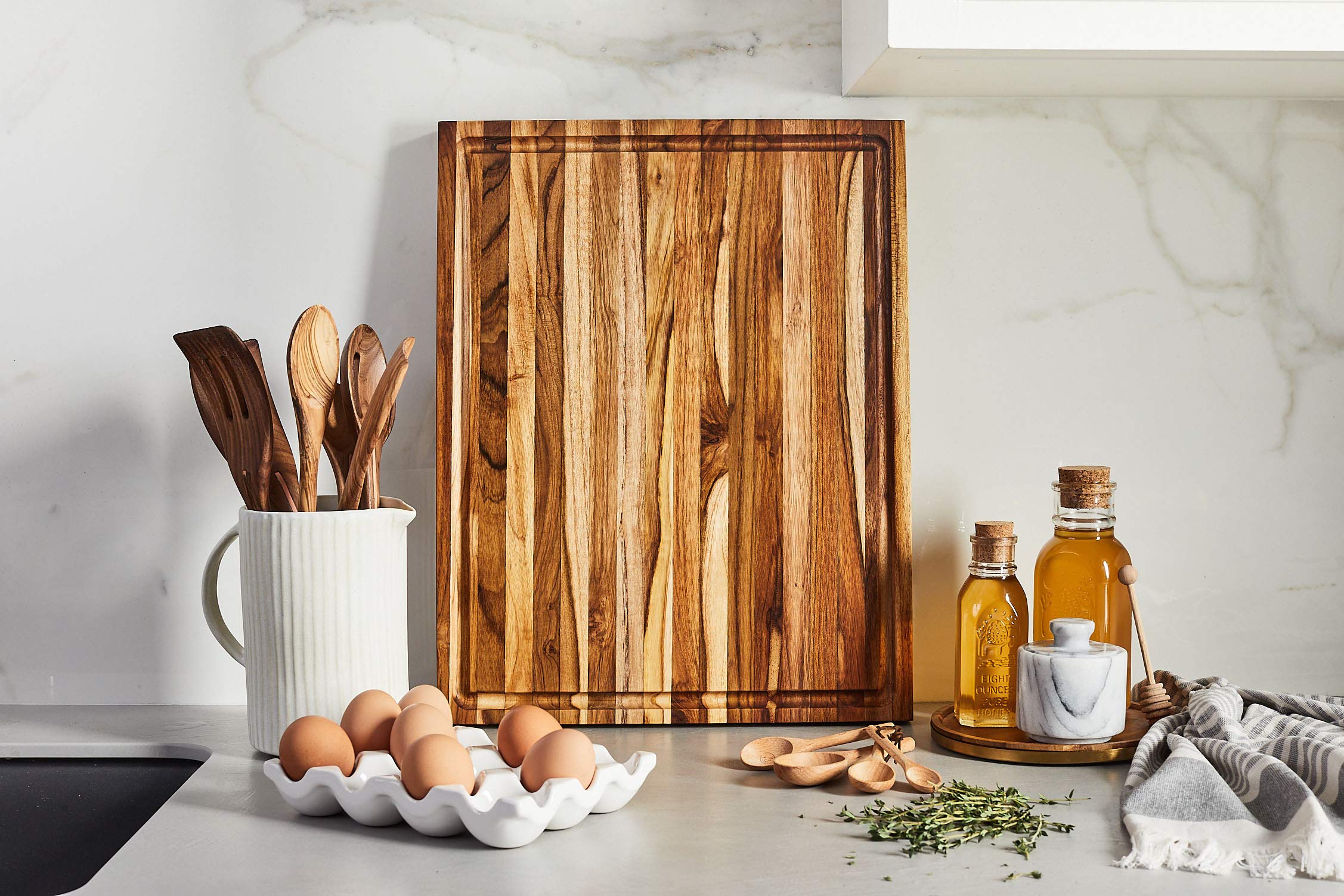Large Teak Wood Cutting Board for Kitchen with Juice Groove
