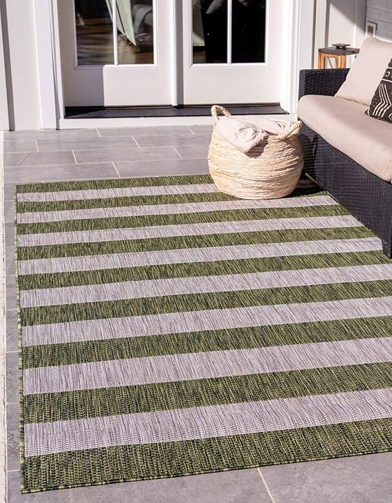 Outdoor Striped Collection Area Rug - Distressed Stripe (5' 3" Round Blue/Ivory)