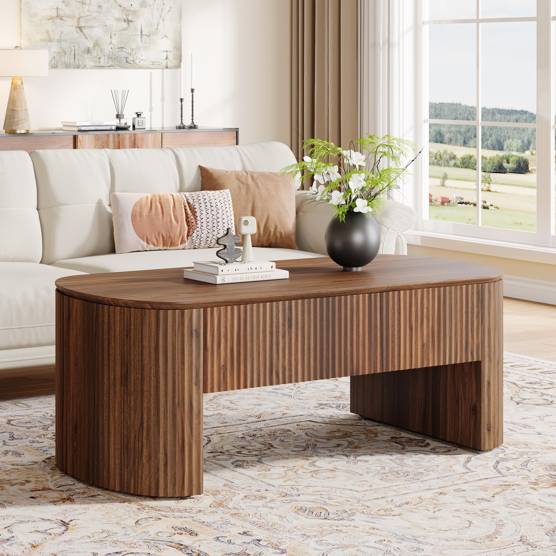 47-Inch Oval Lift Top Coffee Table with Storage Shelf for Living Room, Rustic Lift Up