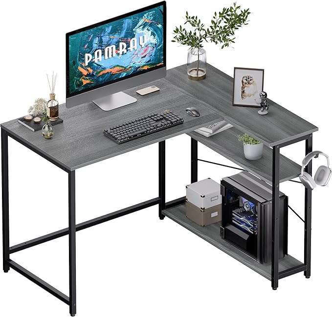 43 Inch L Shaped Computer Desk with Reversible Side Storage Shelves