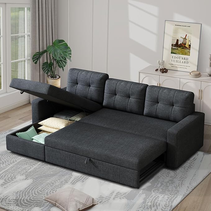 Sleeper Sectional Sofa W/Pull Out Bed,L Shaped Sofa Bed W/Storage Chaise