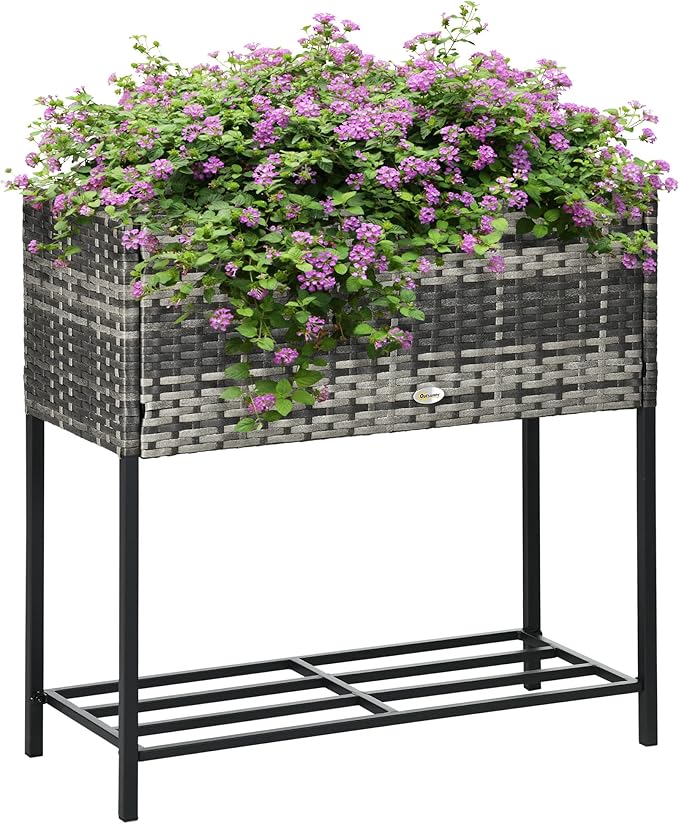 Raised Garden Bed, Elevated Planter Box with Rattan Wicker Look, Tool Storage Shelf