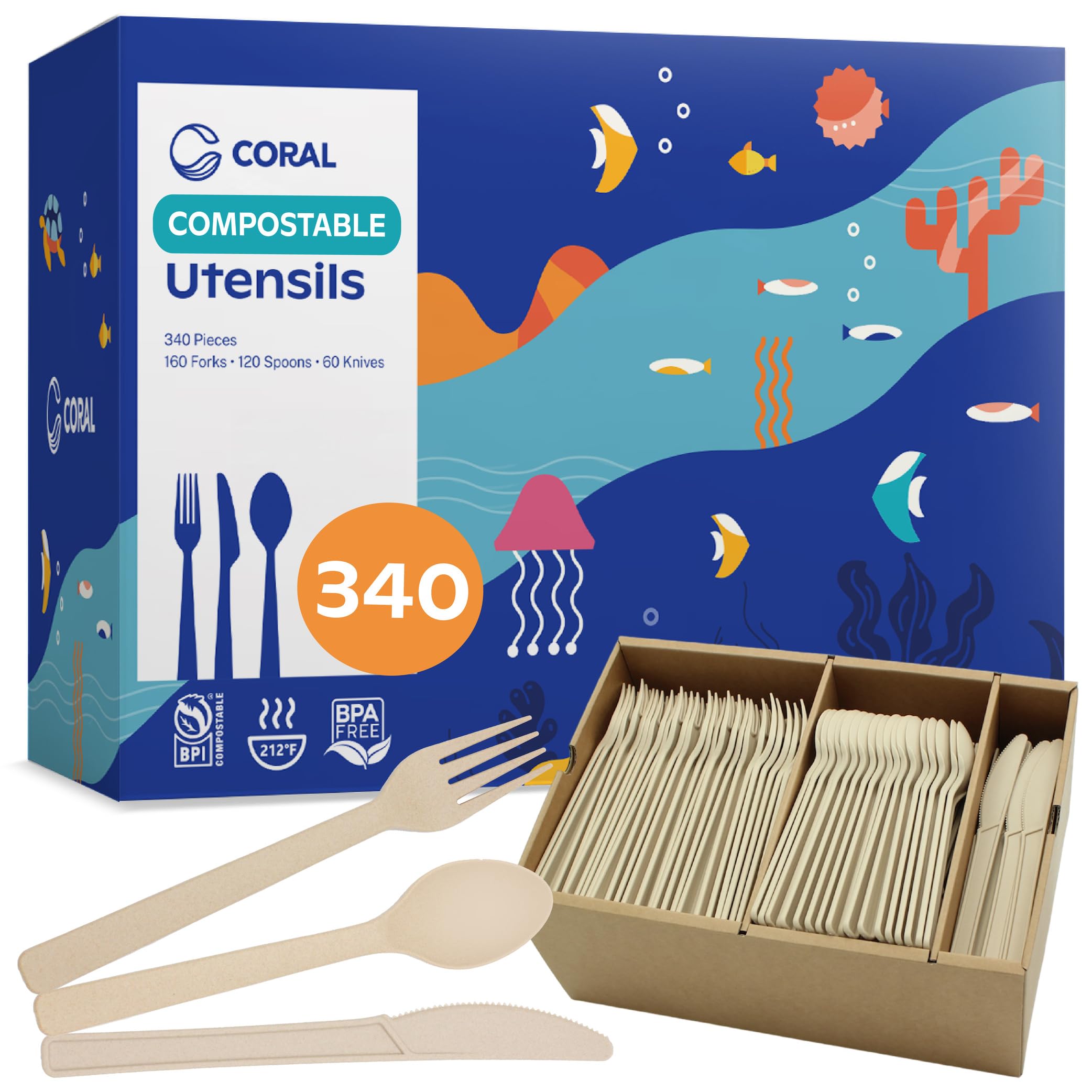 Light Brown 100% Compostable Silverware Set 340 Pieces - Heavy Duty 160 Forks