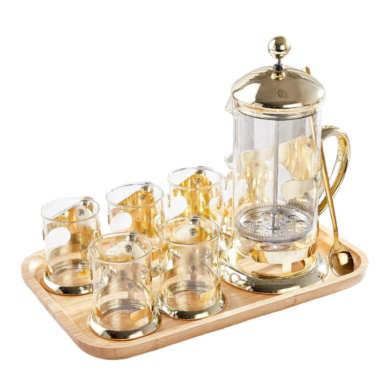 Gold French Press Set with 6 Cups & 1 Tray, Luxury Design Coffee Maker Set