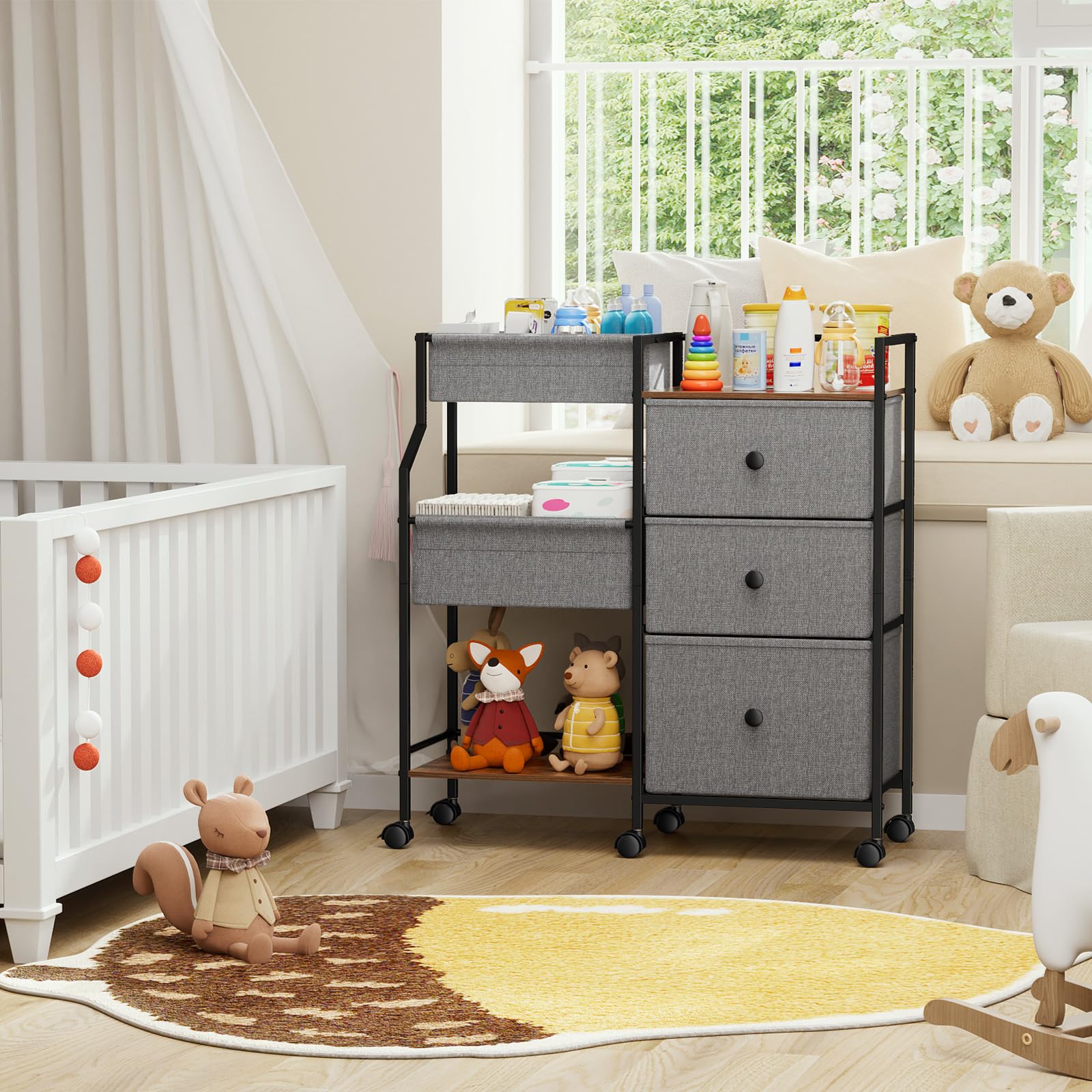 Baby Diaper Caddy Organizer and Storage - 3 Tier Rolling Cart with Dividers and Drawers