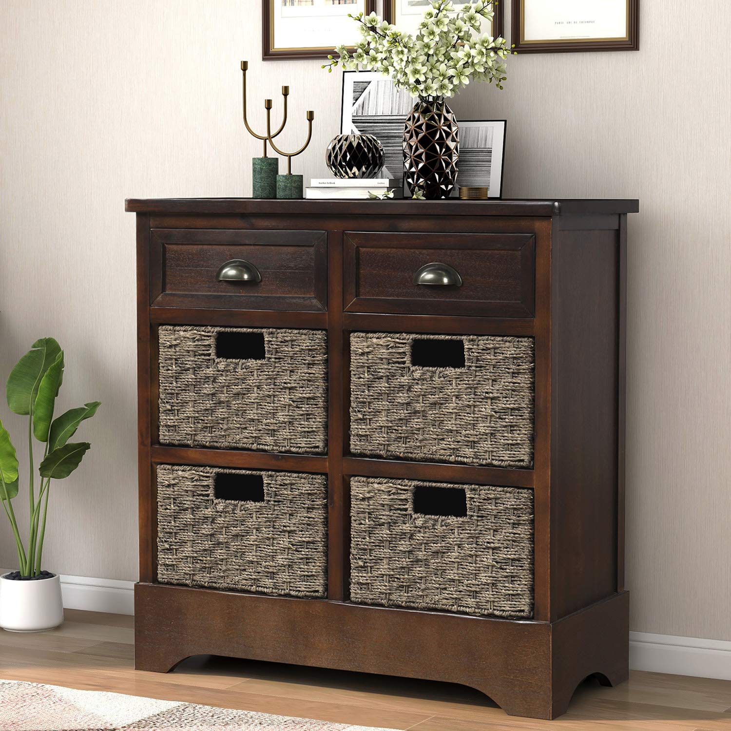 Storage Cabinet Retro Style Storage Unit with 2 Drawers and 4 Baskets for Home Entryway