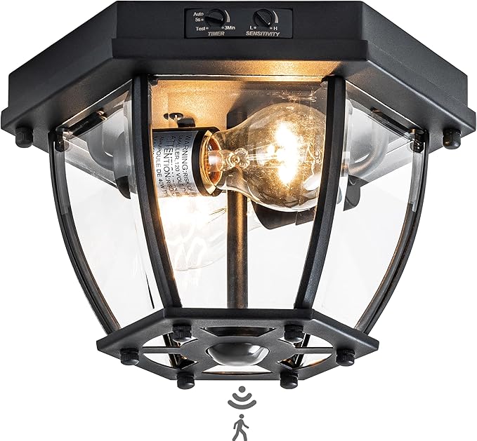Motion Sensor Flush Mount Ceiling Light Fixture, 2-Light Outdoor Porch Lights Ceiling