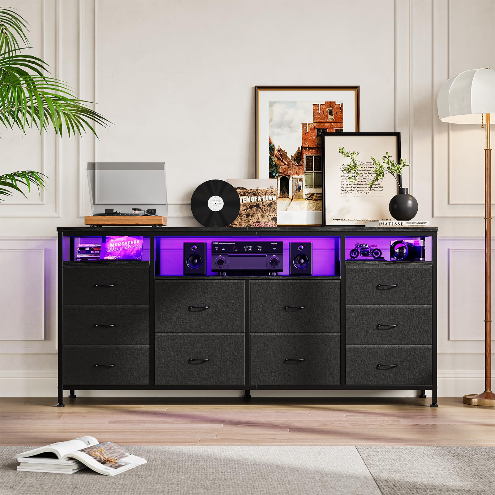 63.3 Inch Black Dresser for Bedroom, 10 Drawer Dresser TV Stand,living room