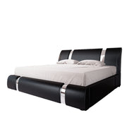 Queen Bed Frame with Iron Piece Decor, Faux Leather Upholstered Platform Bed