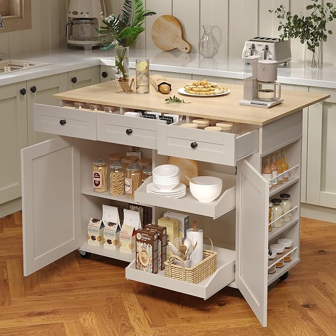 Rolling Kitchen Island Cart with Power Outlet & Drop Leaf