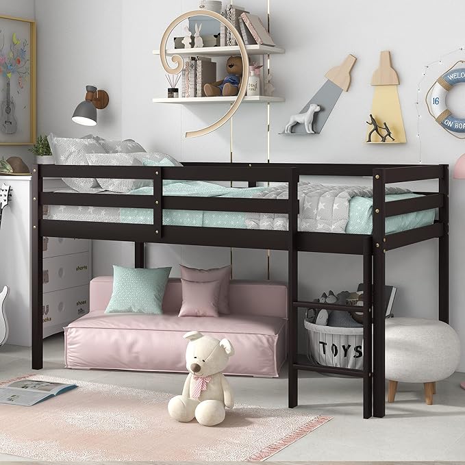 Loft Bed for Kids with Ladders and Guard Rails,Solid Wood and Sturdy Low Loft