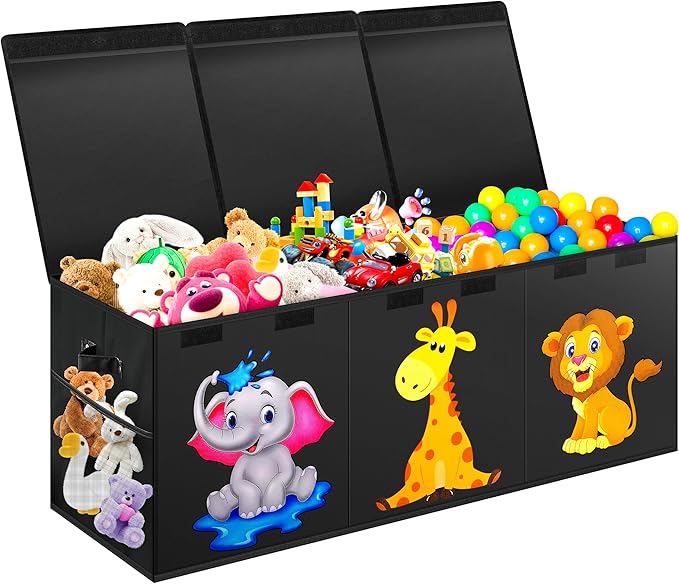 Extra Large Toy Box, Collapsible Storage Organizer with Lids, Cute Animals Toybox