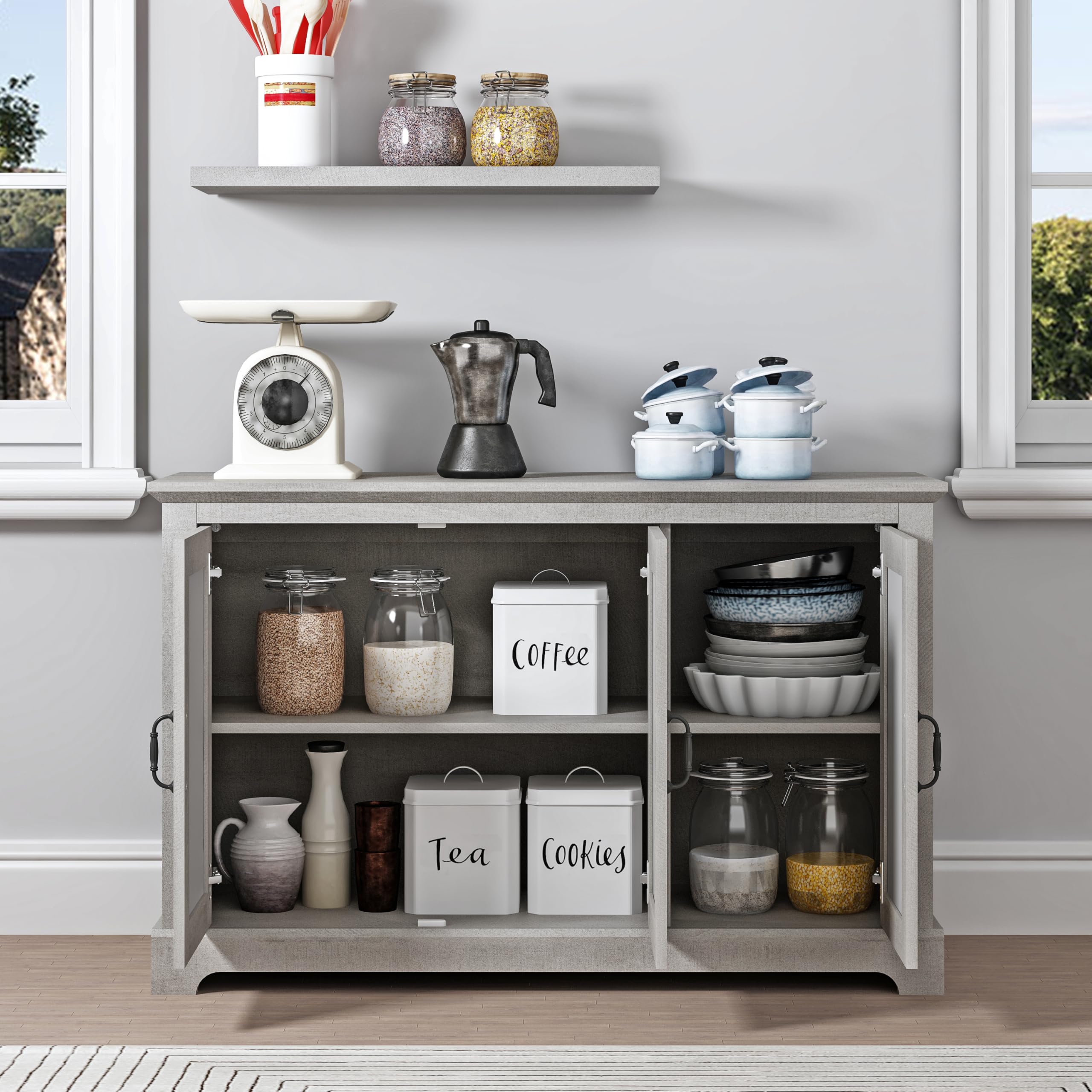 Sideboard Storage Cabinet, Wood Accent Buffet Cabinet with 3 Doors & Adjustable Shelves