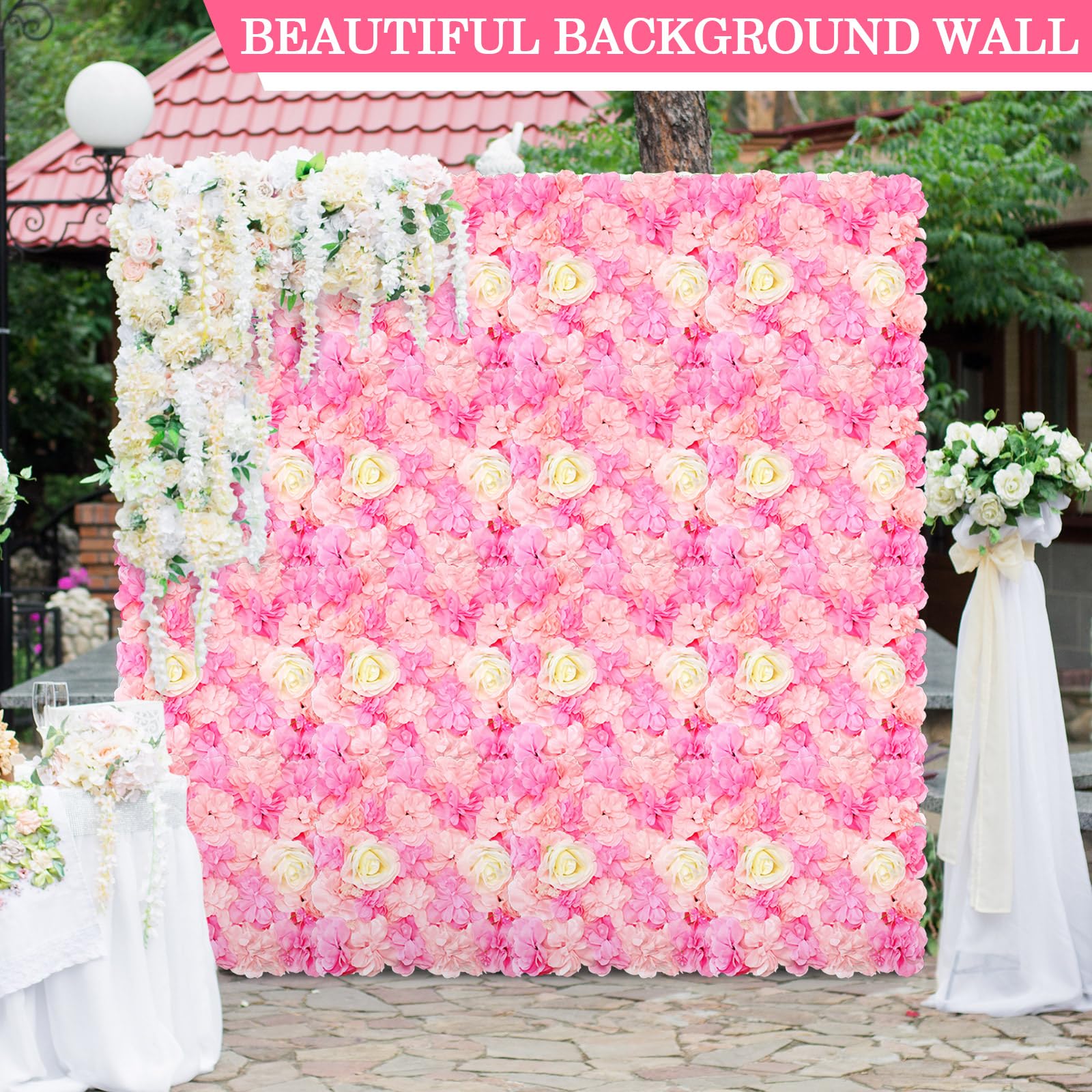 Tigeen 36 Pcs Flower Wall Panels 3D Silk Rose Floral Wall Decorative Faux Flower Wall Background for Wedding Home Decoration Background Shop Party Photo Arrangement (Pink, White, 15 x 15 Inch)