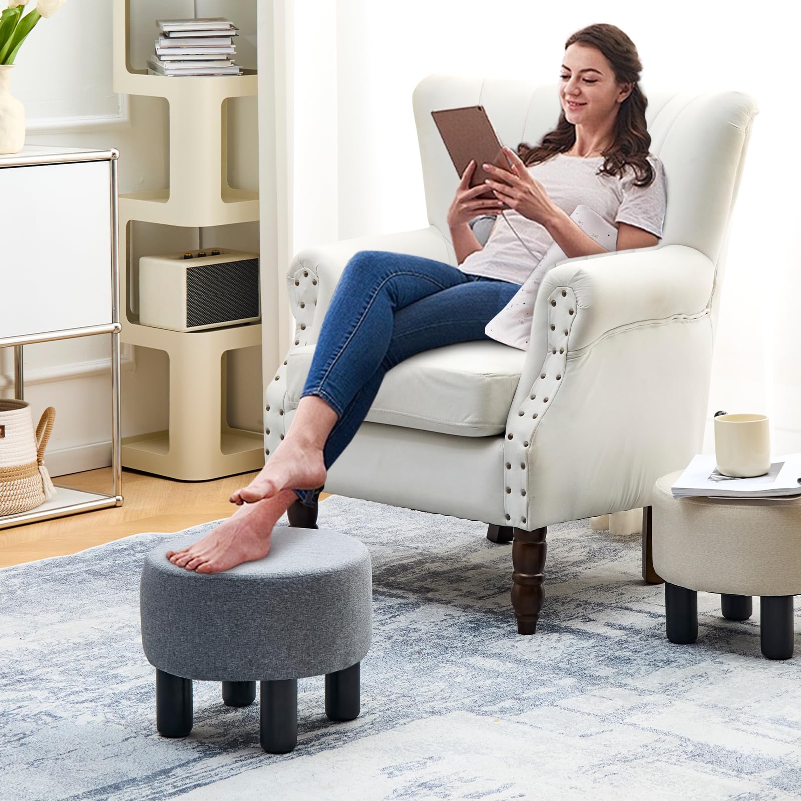 Linen Ottoman Round Footrest Stool,Ottomans and Poufs