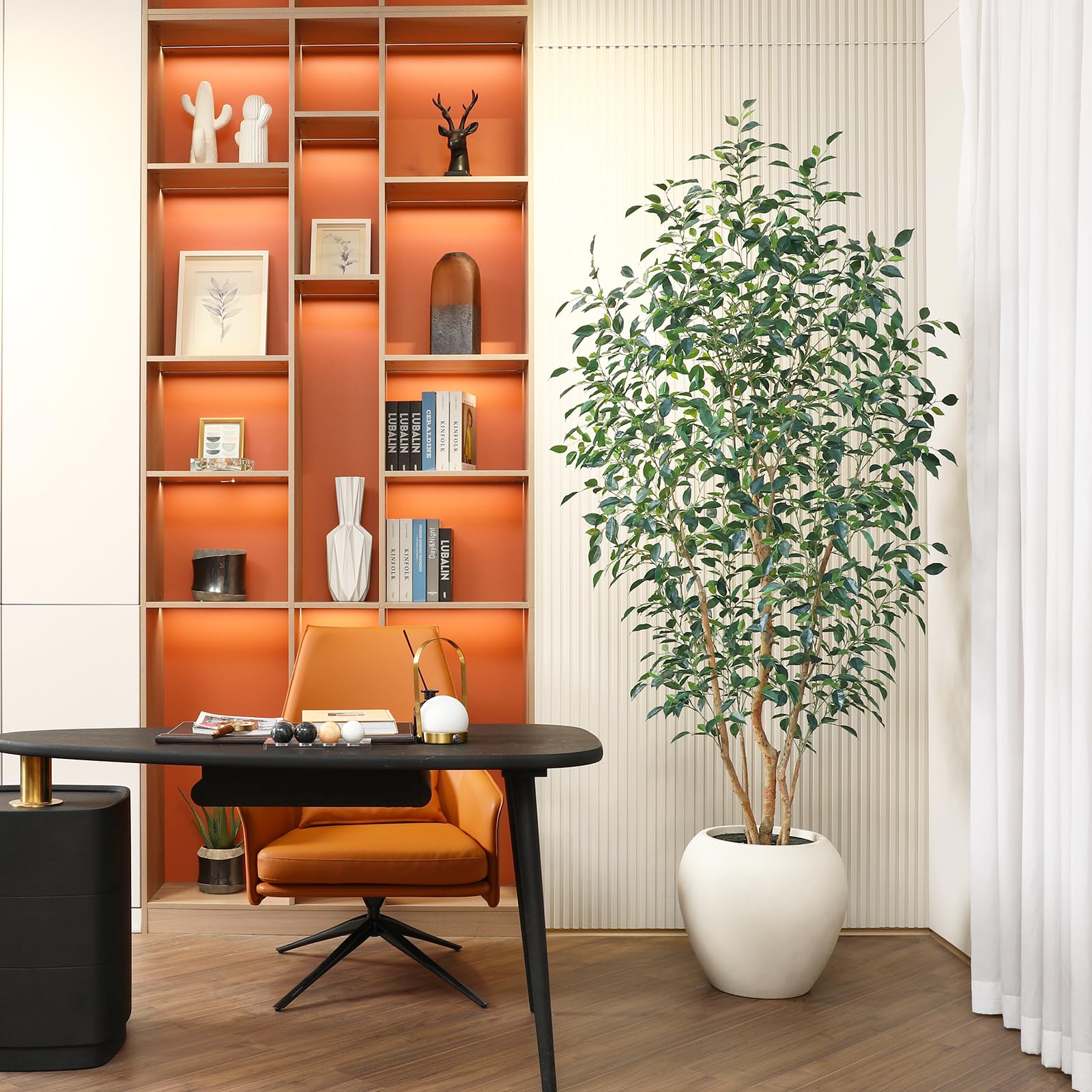 8FT Artificial Ficus Tree, Indoor Faux Ficus Plant with Realistic Leaves & Natural Wood Trunk