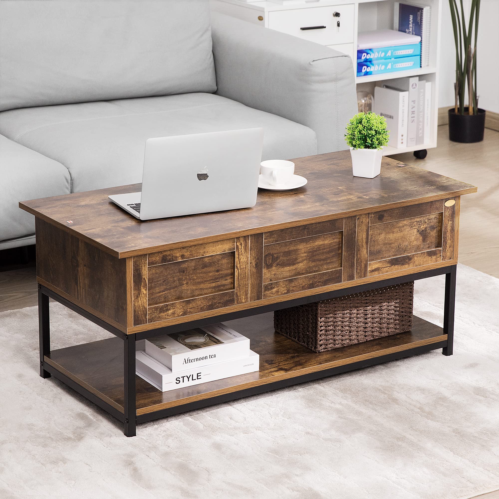 Lift Top Coffee Table with Steel Frame, Dining Table with Open Storage and Hidden