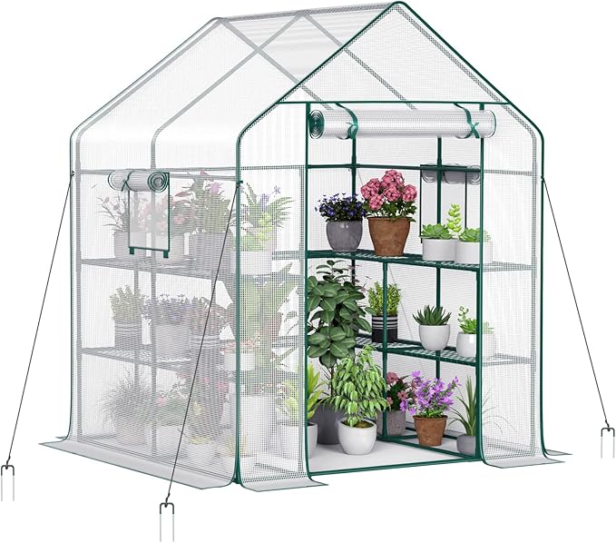 Walk-in Outdoor Greenhouse with 2 Mesh Windows, 4 Tiers, and 10 Shelves