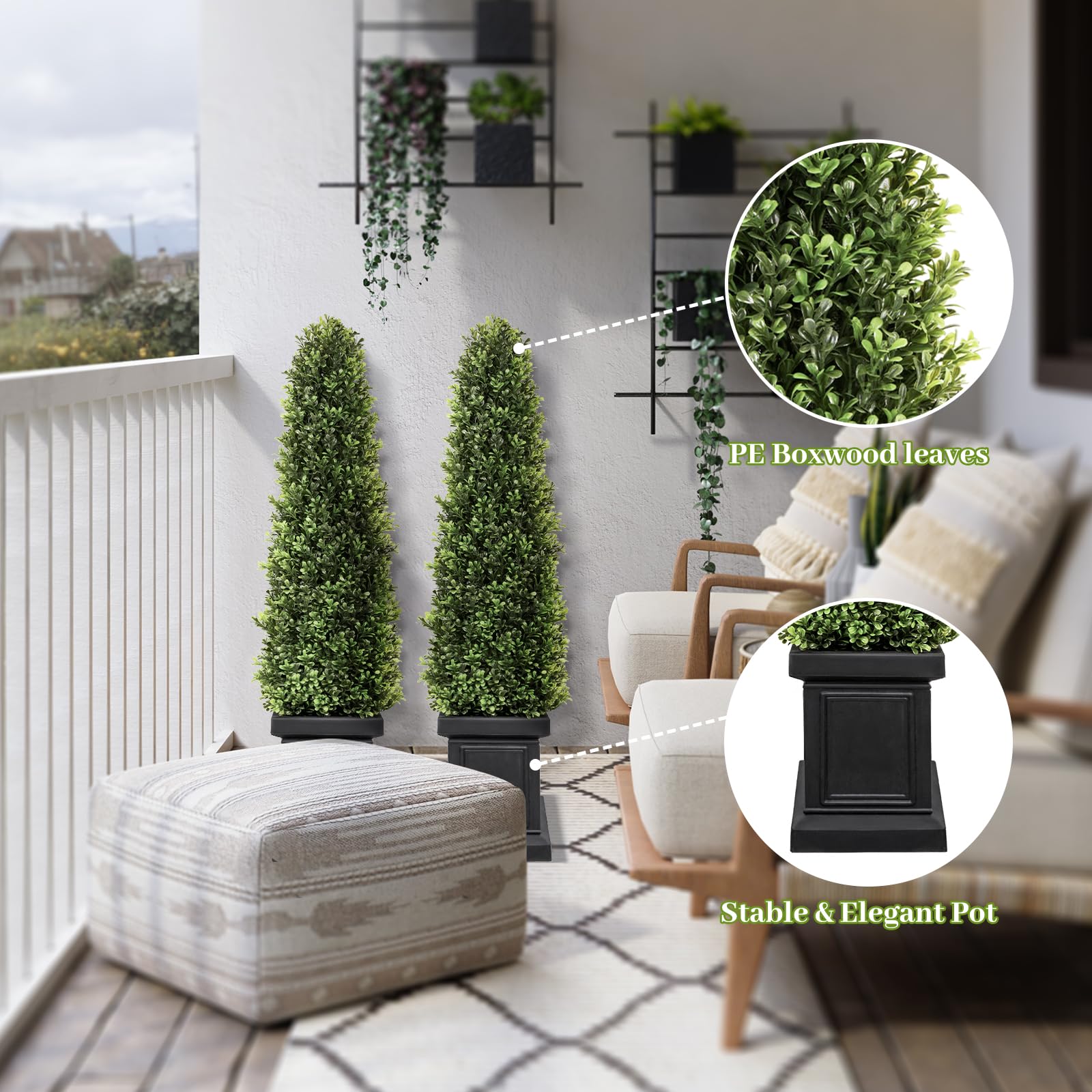 3.5ft Boxwood Outdoor Topiary Set of 2, Tall All Year Green Fake Plant Topiary Trees
