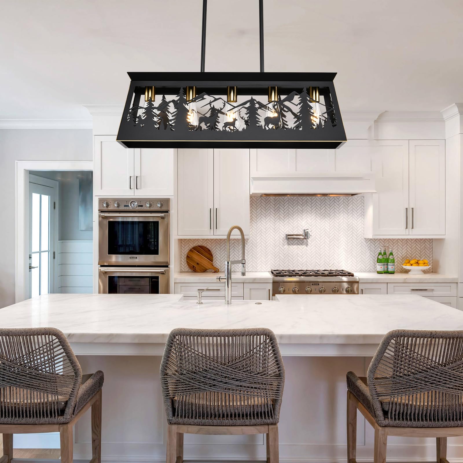 Island Lighting,L32-Inch 5-Light Black Farmhouse Rectangular Chandelier