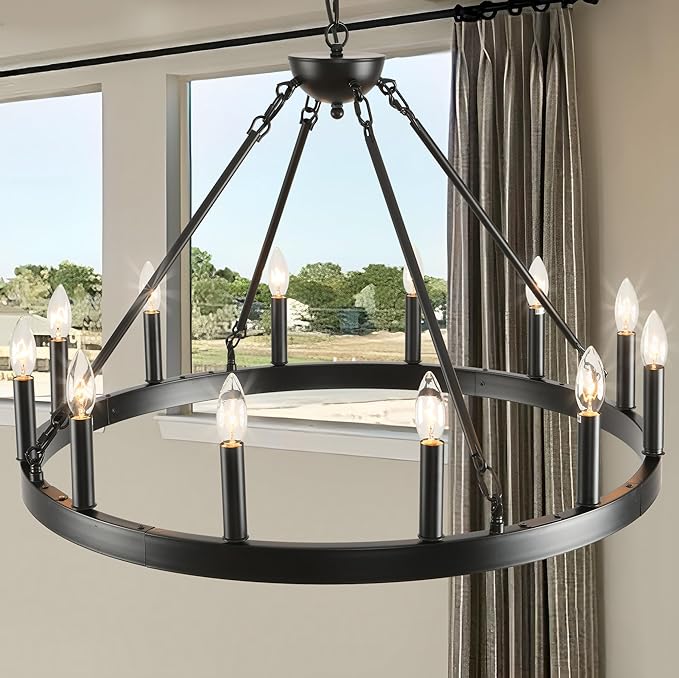 Black Wagon Wheel Chandelier 32 inch,12-Light Farmhouse Wagon