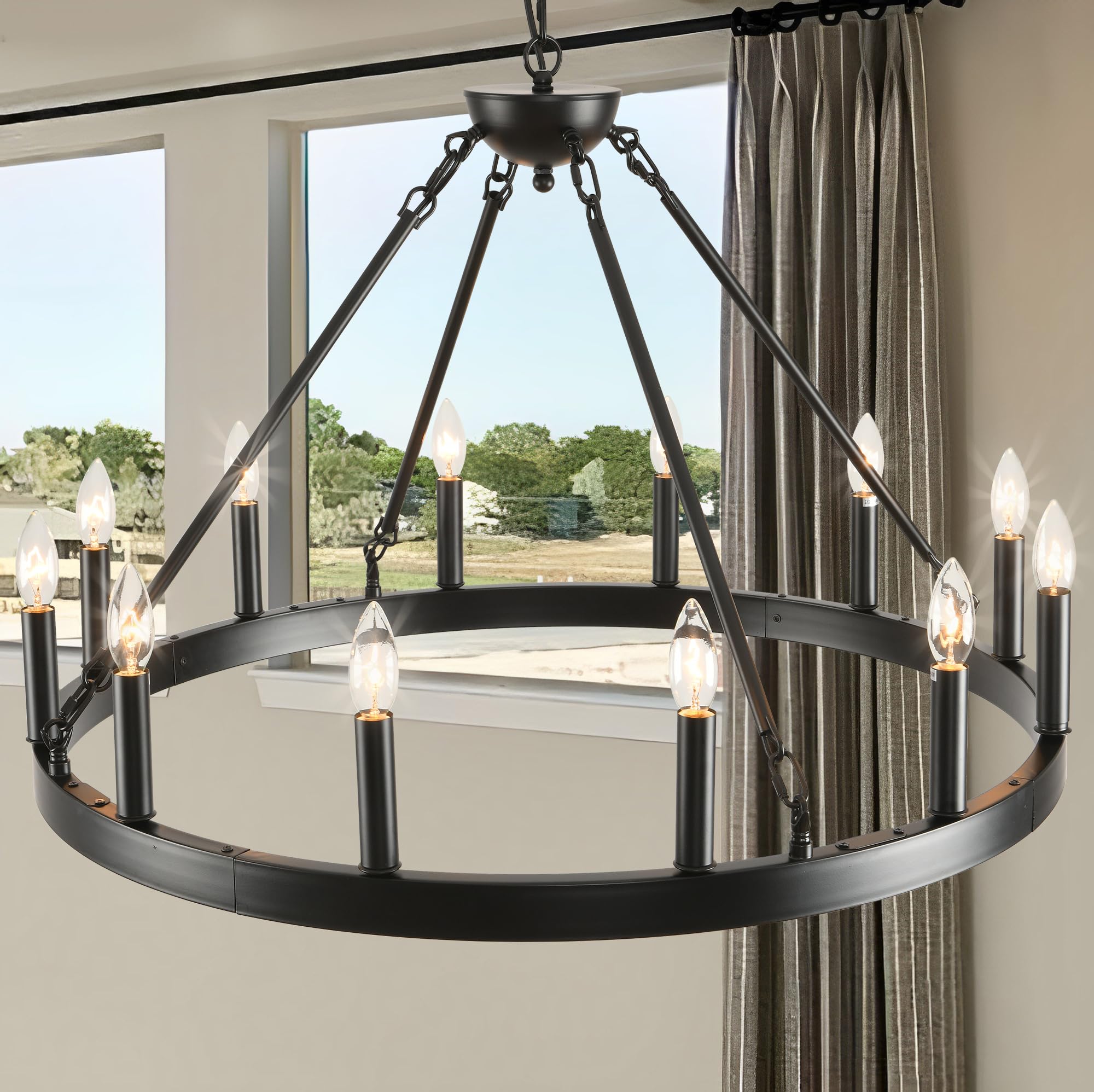 Black Wagon Wheel Chandelier 32 inch,12-Light Farmhouse Wagon