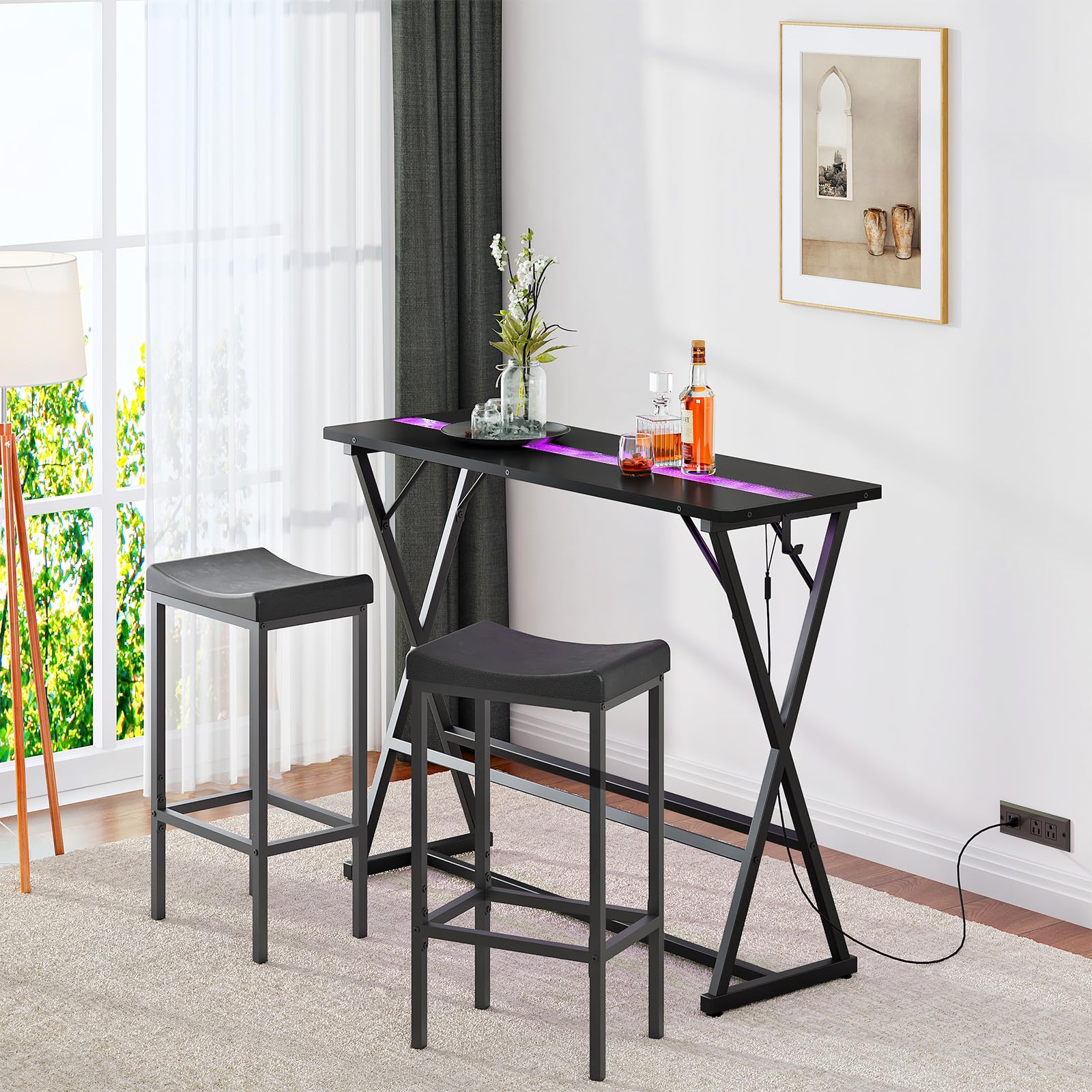 HOOBRO Bar Table,47.1" Rectangular Pub Table,Tall Counter Bar Height Table with LED Light and Glass Decoration, Modern Dining Table Footrests, for Dining Room, Pub, Tavern, Black BB68DBT01