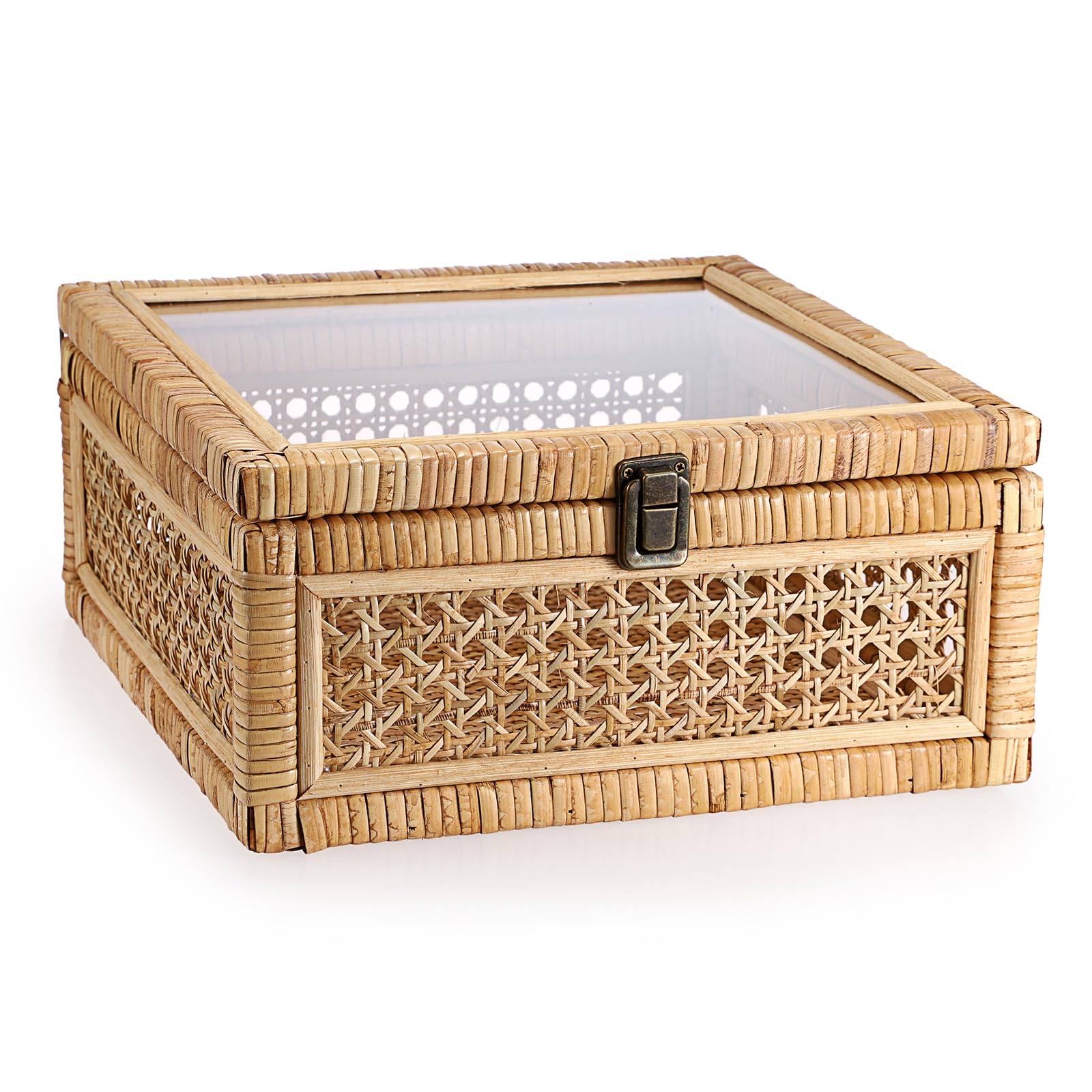 Hipiwe Rattan Decorative Box with Clear Lid and Lock - Large Wicker Storage Basket Bin Handwoven Natural Rattan Basket Organizer Wood and Cane Display Box for Shelf Home Decor,11"x11"x5.1"