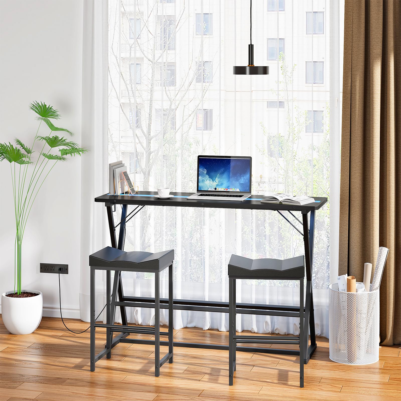HOOBRO Bar Table,47.1" Rectangular Pub Table,Tall Counter Bar Height Table with LED Light and Glass Decoration, Modern Dining Table Footrests, for Dining Room, Pub, Tavern, Black BB68DBT01