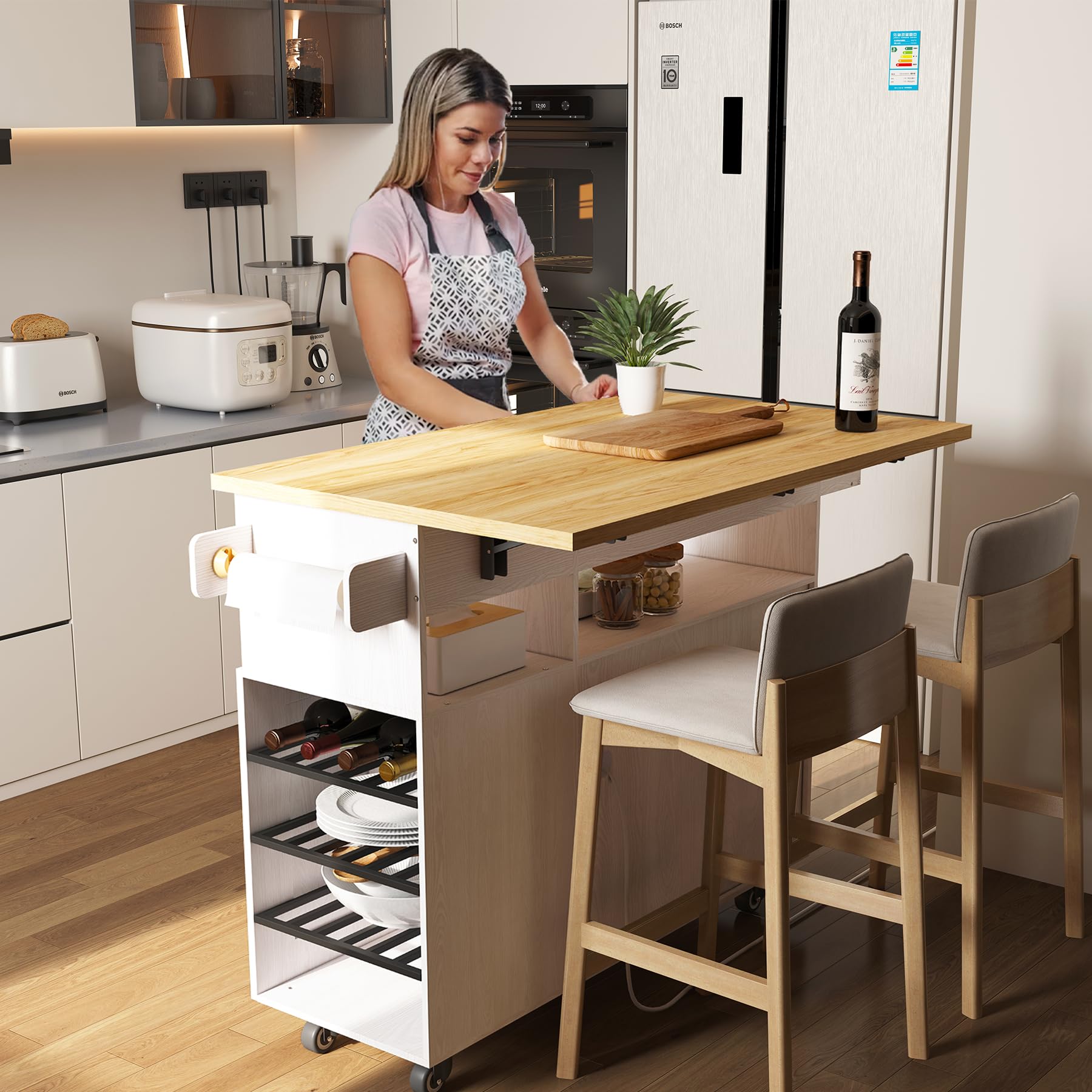 Rolling Mobile Kitchen Island Cart with Desktop Drop Leaf Countertop