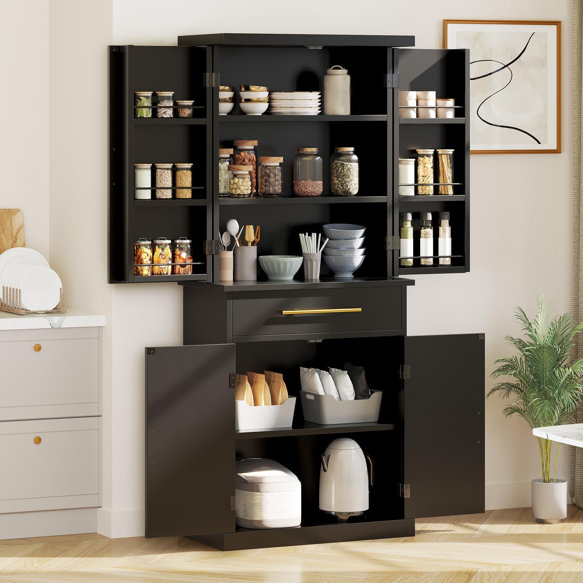 Kitchen Pantry Storage Cabinet, Tall Modern Food Buffet Cabinets with Drawer