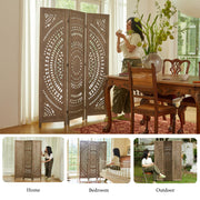Svimi Room Divider Wood Carved Wall Divider Indoor Folding Bohemian Style Portable Partition Screen for Home Office Garden Terrace - 3 Panels (Brown)