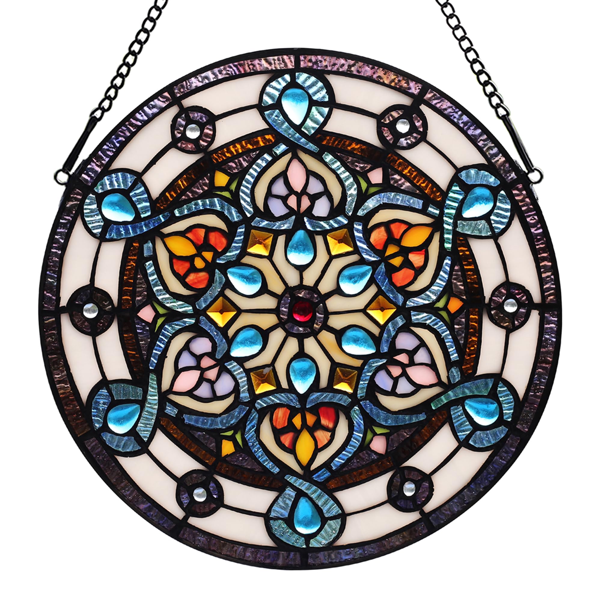 Tiffany Style Stained Glass Window Hanging Panel 12 Inch Round Handmade Blue Flower