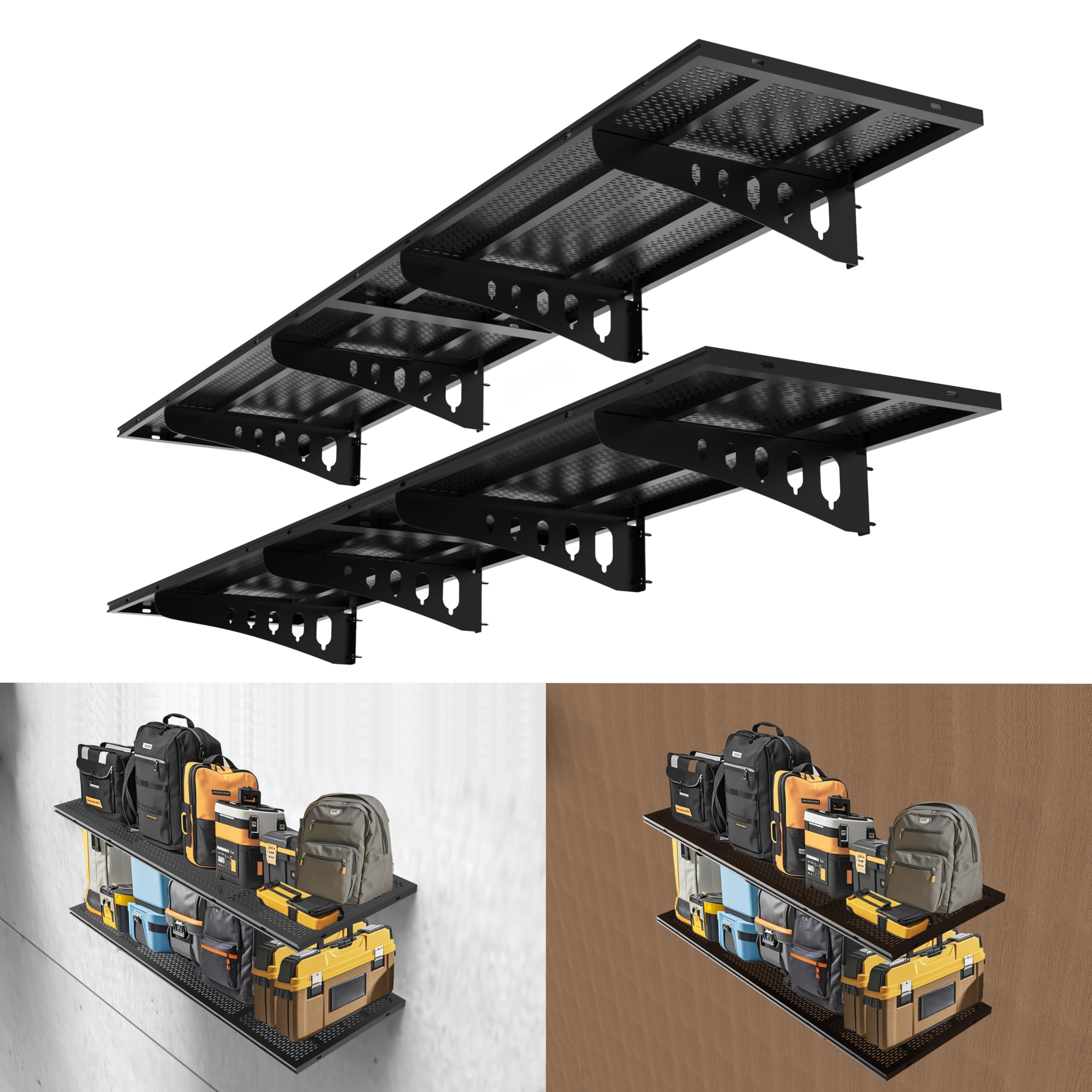oottmes New 4 Pack Garage Wall Shelving, Heavy Duty 1.5' x 3.8' Wall Mount Storage Shelf with Hooks, Garage Storage Rack Floating Shelves, Holds 250 lbs Each