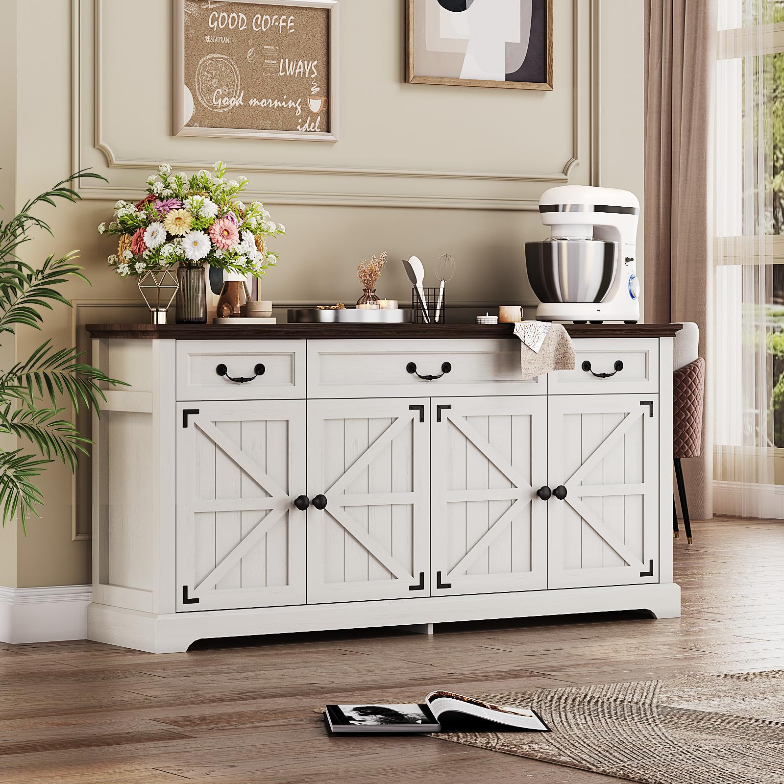Vipbear 65" Large Sideboard Buffet Cabinet, Farmhouse Kitchen Sideboard Cabinet Buffet with Storage 3 Drawers & 4 Doors, Coffee Wine Bar Cabinet with Storage for Living Room, Kitchen, White