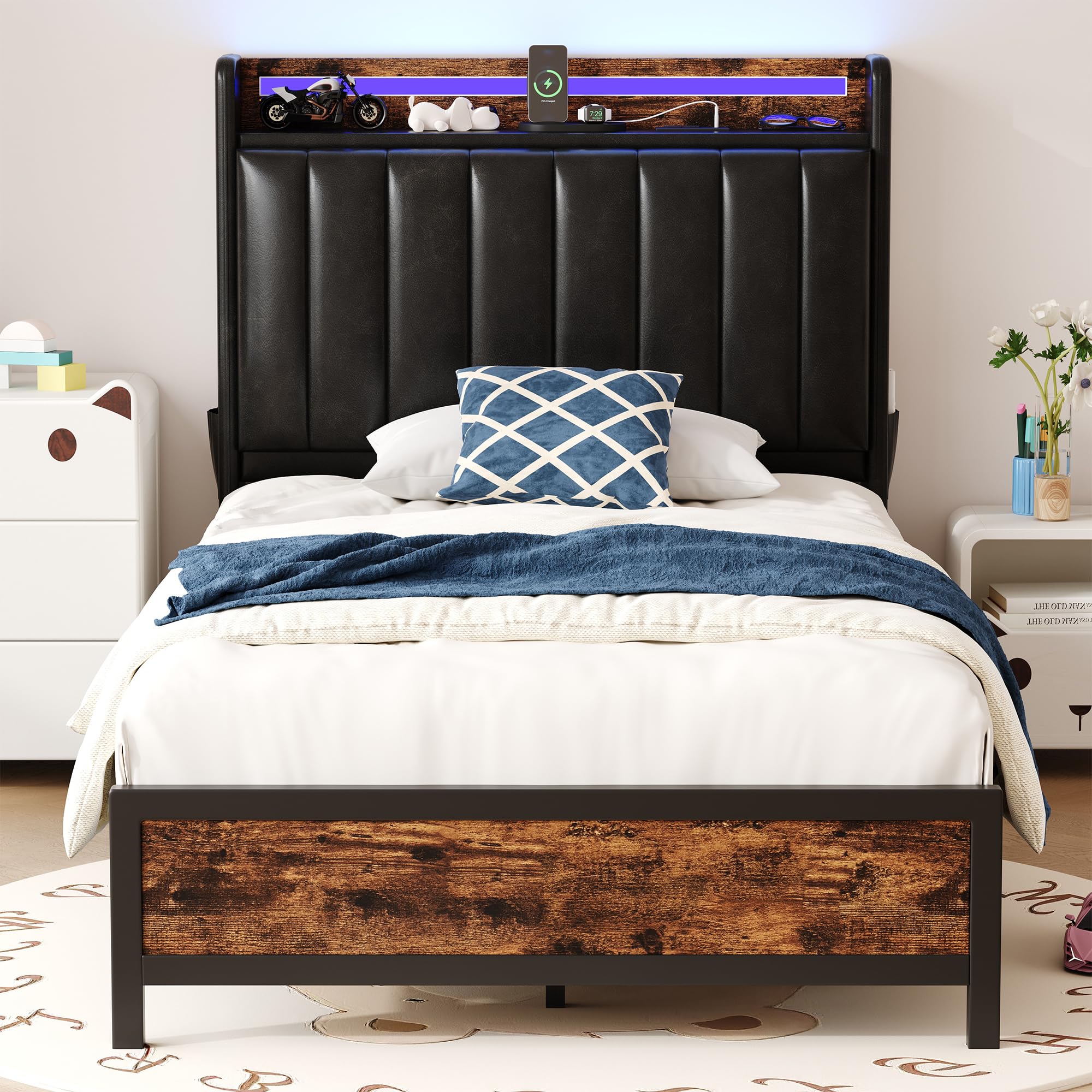 Twin Size Bed Frame with Adjustable Backrest Hidden Storage Headboard