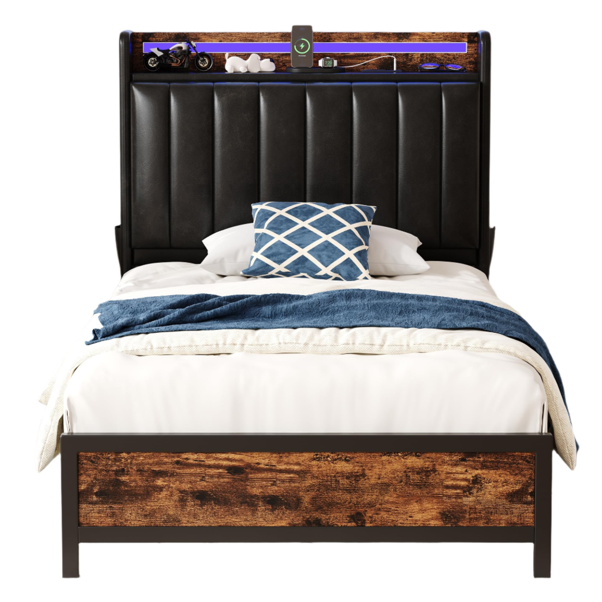 Twin Size Bed Frame with Adjustable Backrest Hidden Storage Headboard