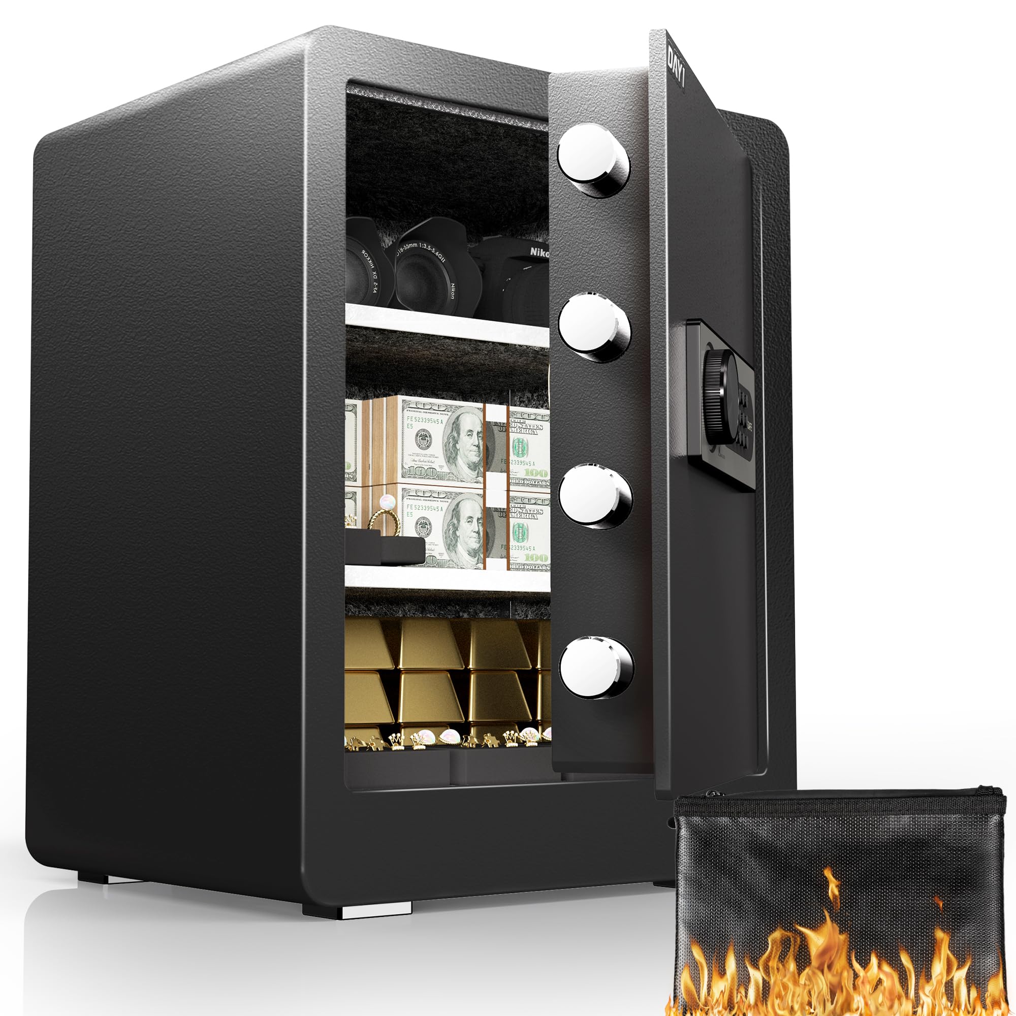 DAYI Safe Box, 2.0 Cubic Feet Home Safe with Fireproof Waterproof Bag, Security Safe Box for Money Cash Valuables, Digital Electronic Keypad, Dual Alarm System, Removable Shelf - D-45