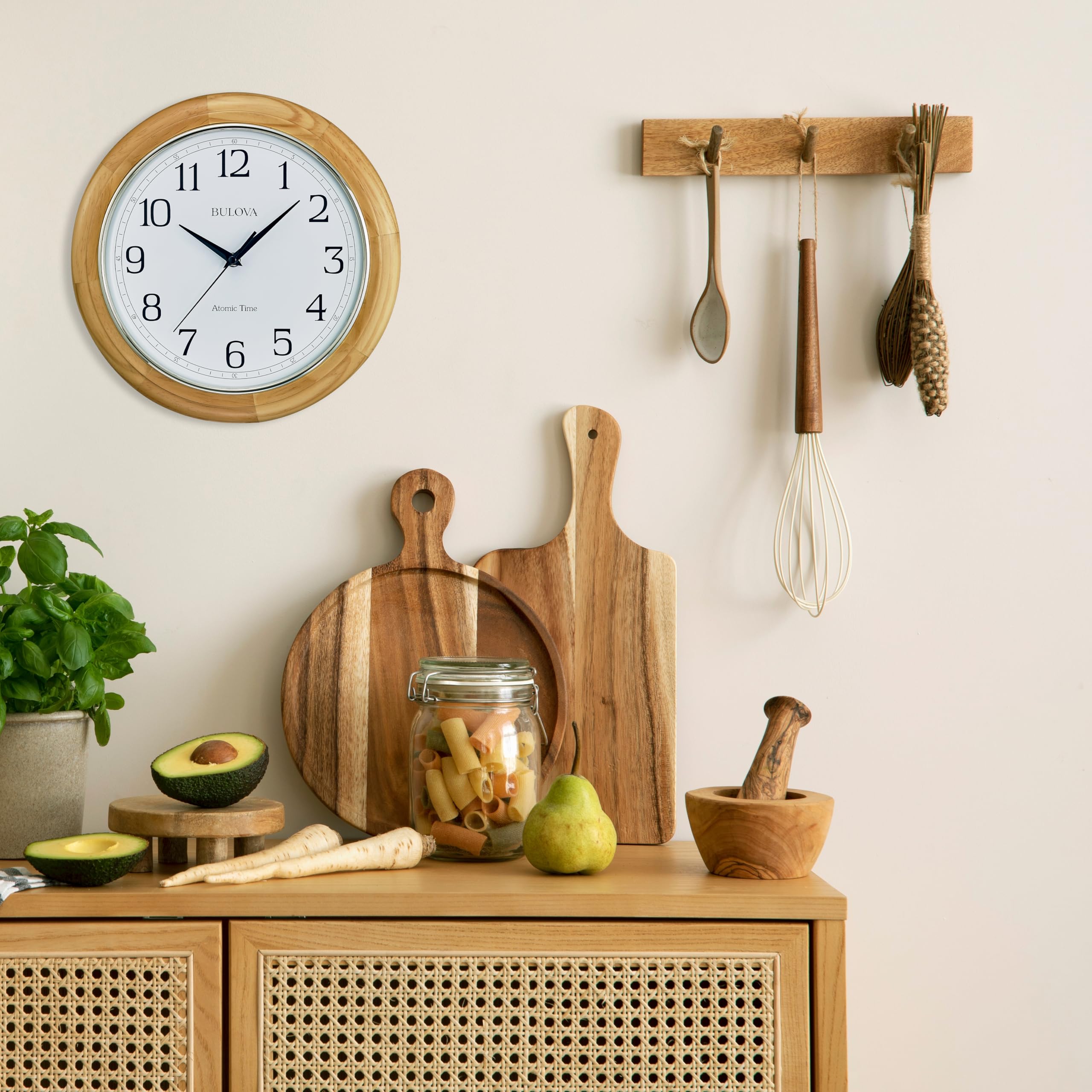 C5005 Wooden Atomic Analog Wall Clock | Automatically Sets Time | Large Roman