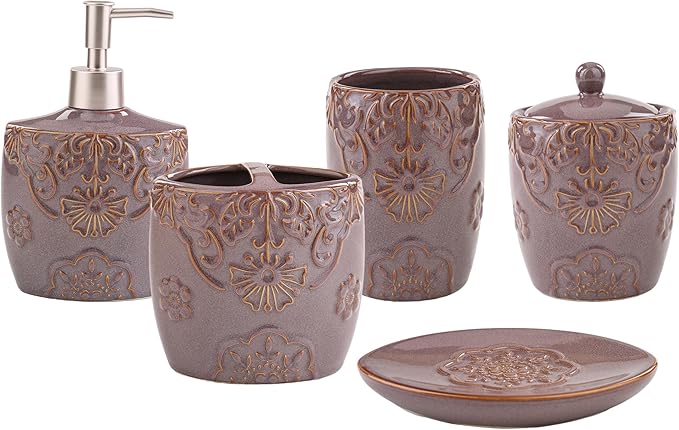 5-Piece Ceramic Bathroom Sink Set - Soap Dispenser & Toothbrush Holder Combo