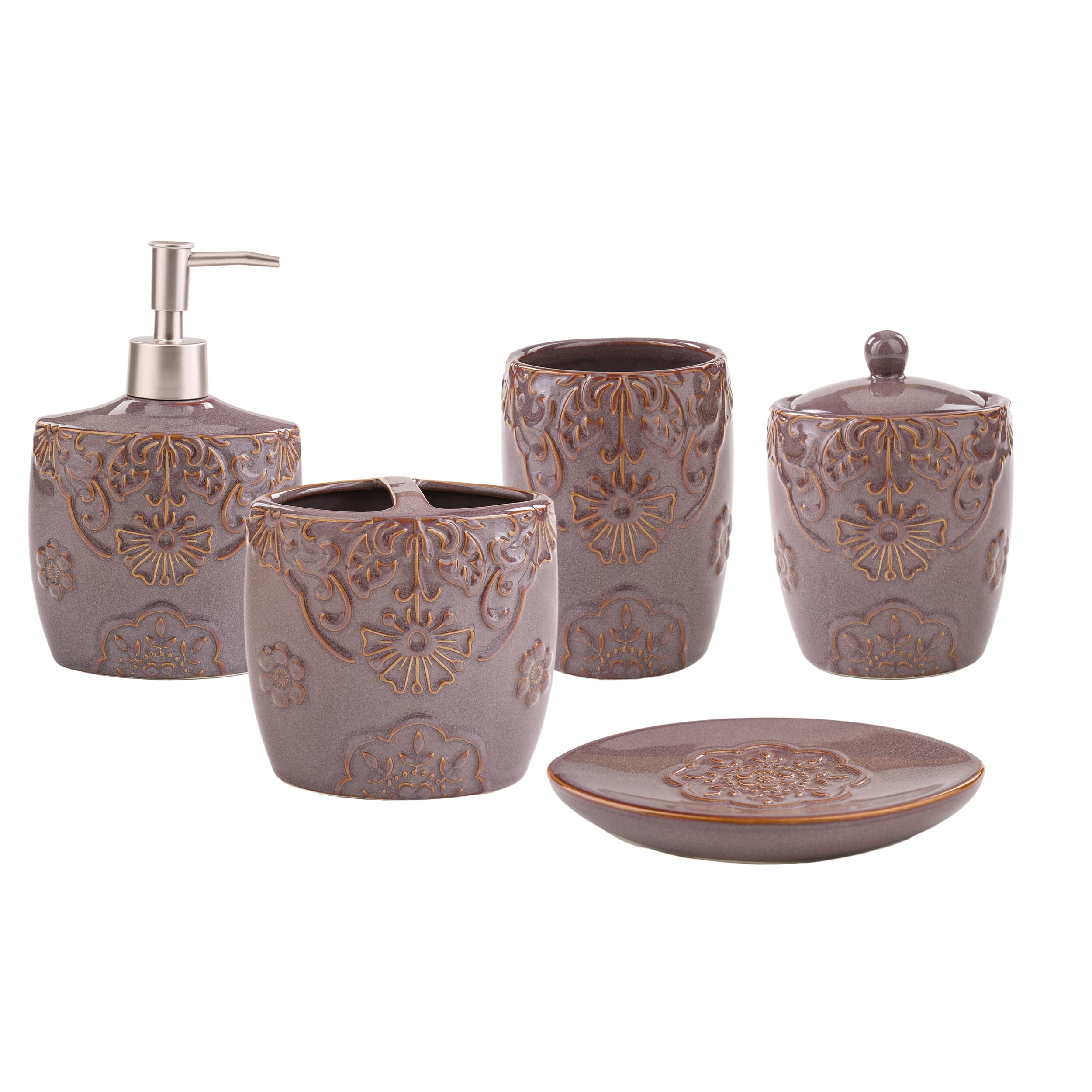 5-Piece Ceramic Bathroom Sink Set - Soap Dispenser & Toothbrush Holder Combo