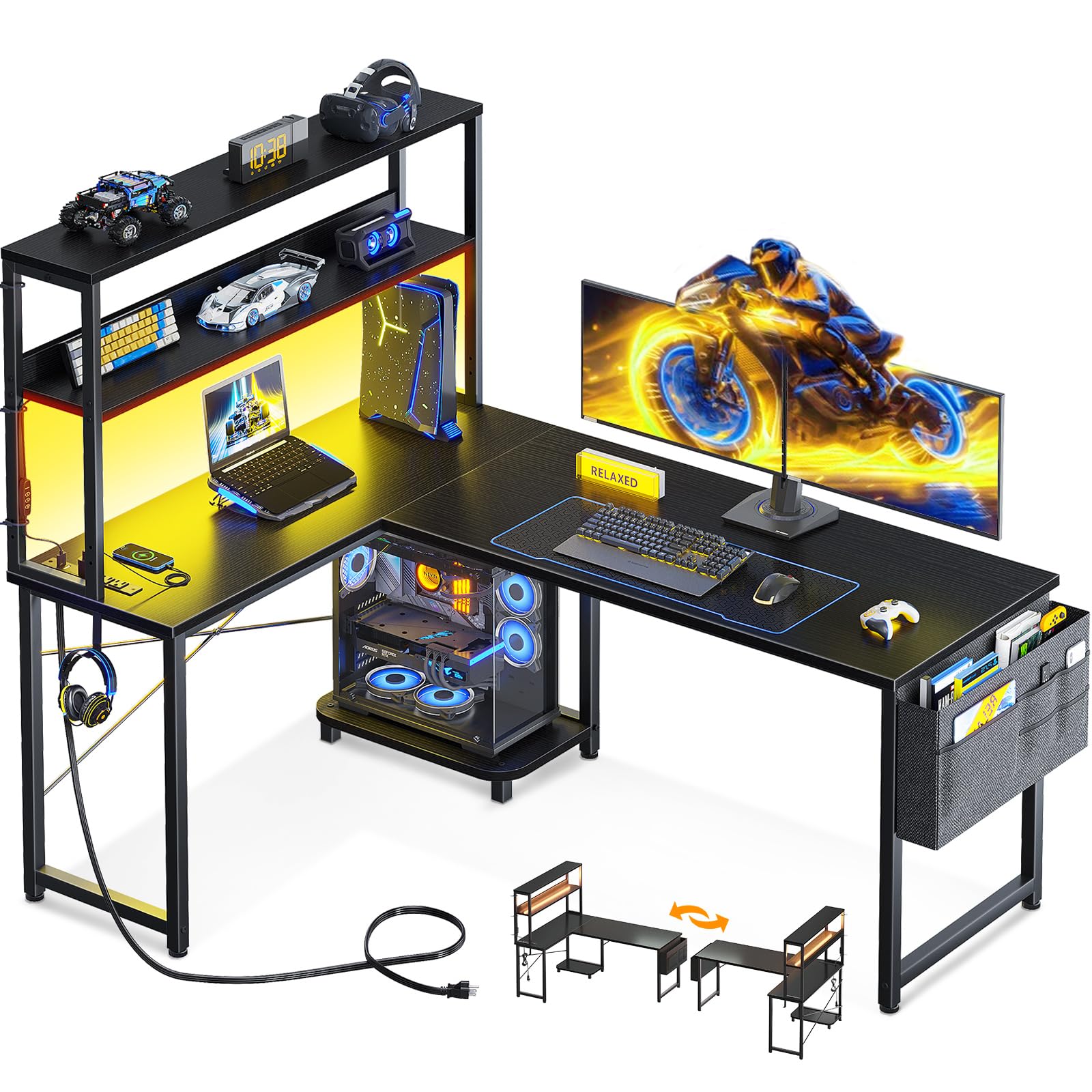 L Shaped Gaming Desk with LED Light & Power Outlet, 53 Inch Reversible L Shaped Desk