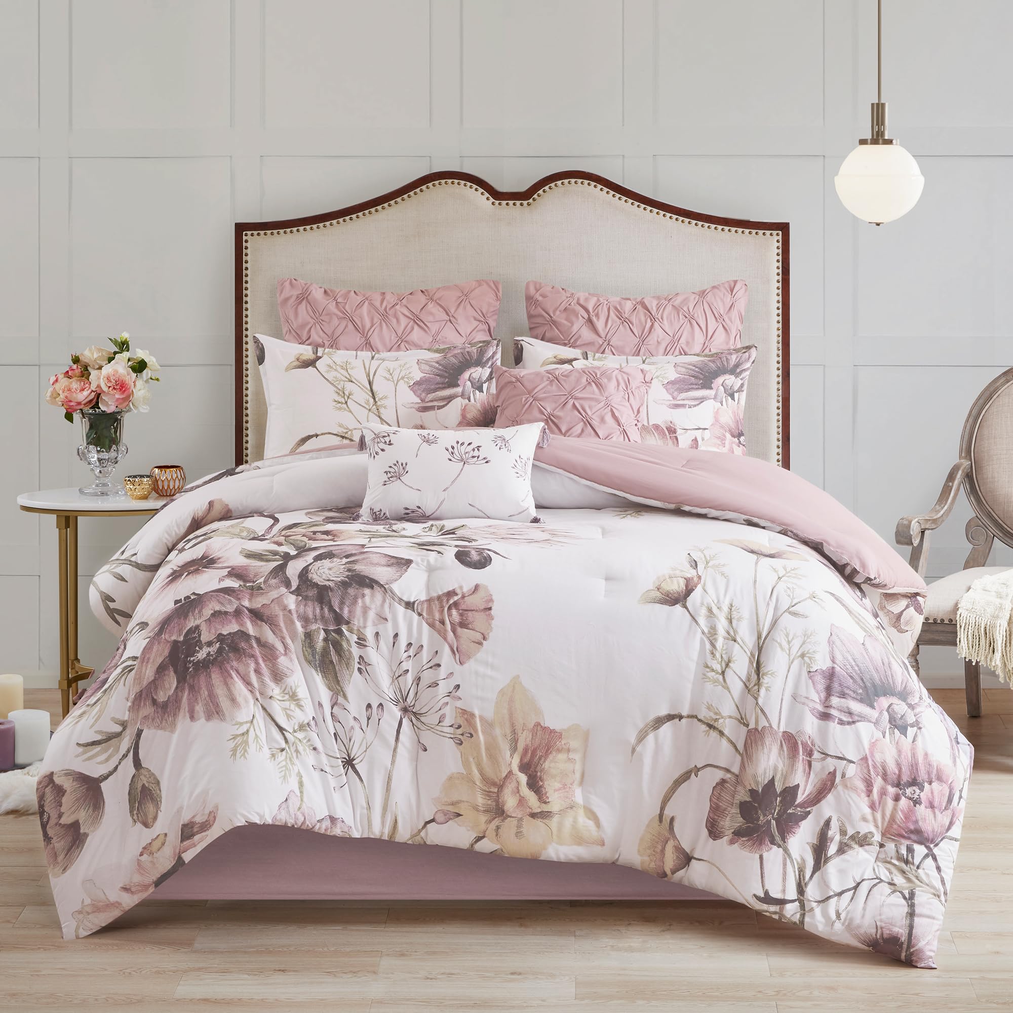 Floral King Comforter Set, Cotton Rich Bedding Set Feminine Design Shabby