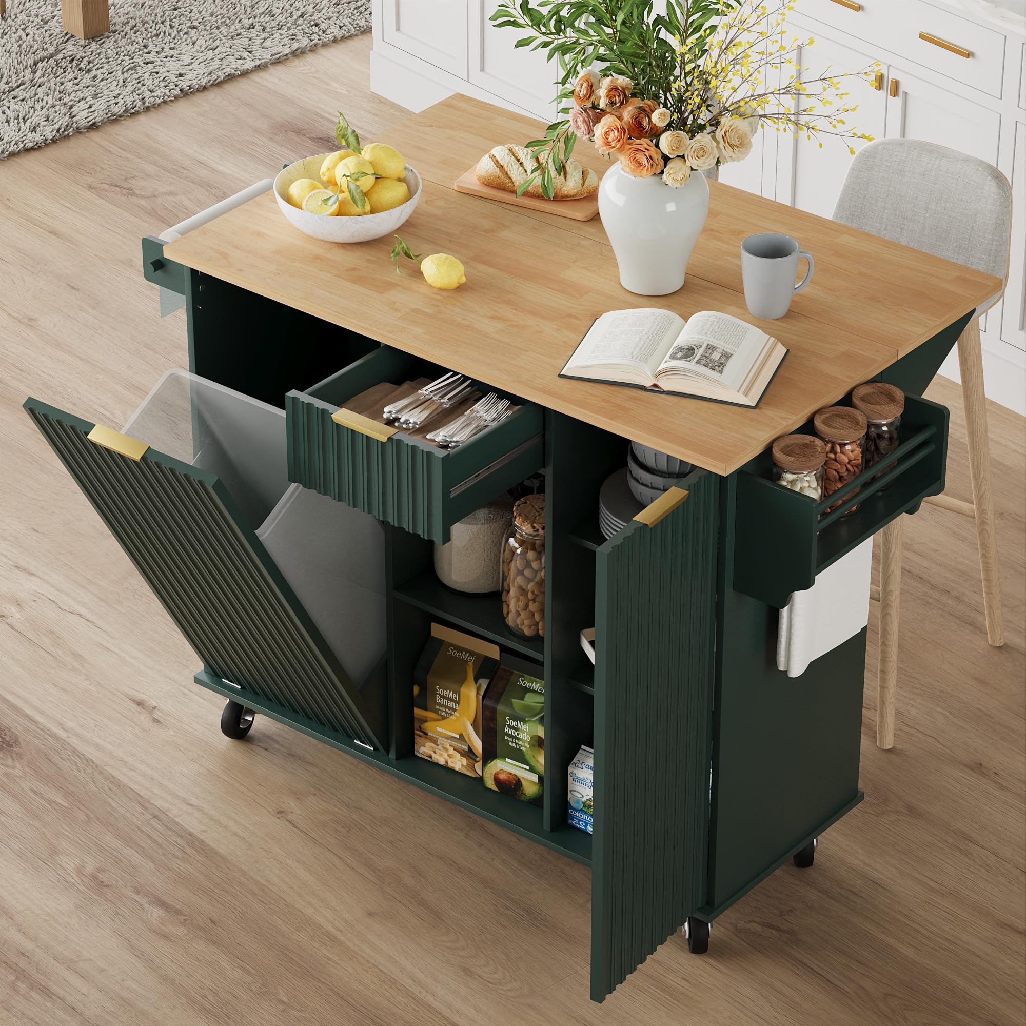 win2win Rolling Kitchen Island with Trash Can Storage, Portable Kitchen Island with Drop Leaf, Modern Farmhouse Kitchens Cart on Wheels with Fluted Design, Towel Rack, Spice Rack, Olive Green